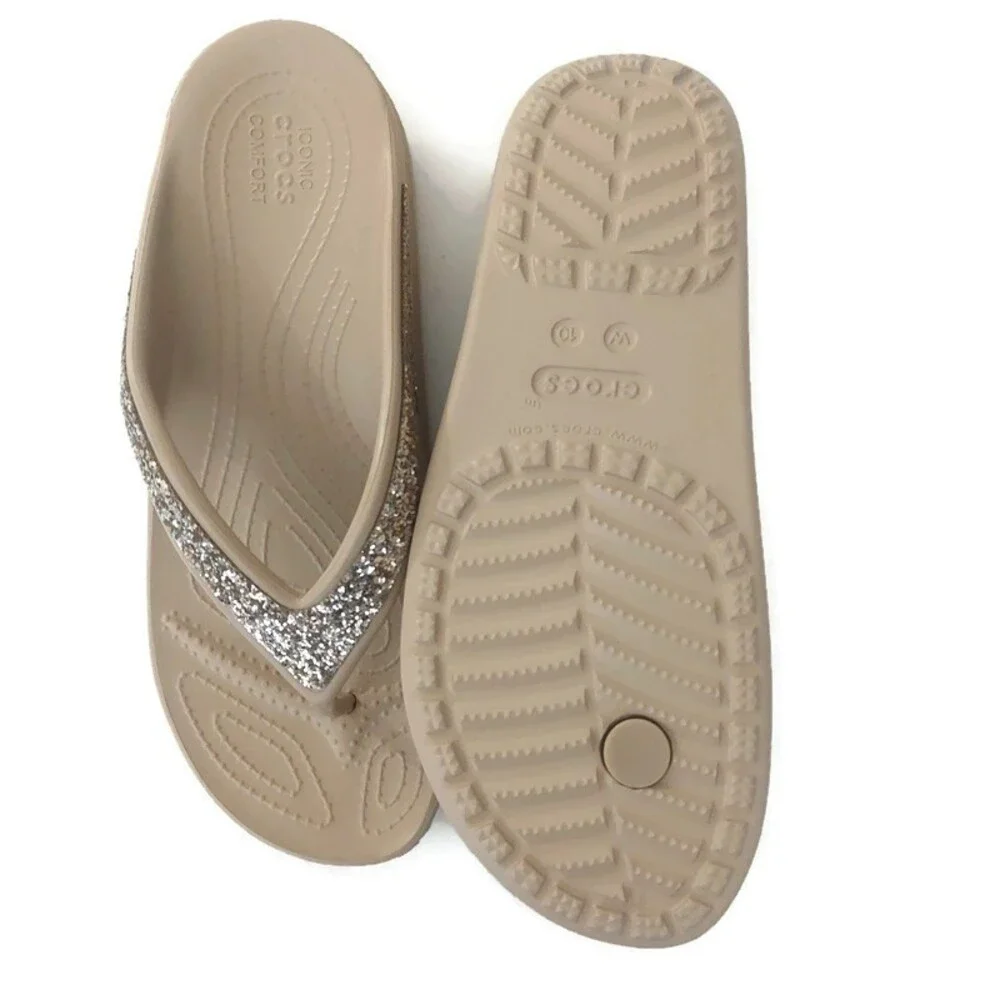 CROCS Womens Sz 10 Sloane Glitter Wedge Flip Flops Lightweight Sandals Chai Gold - Picture 9 of 10